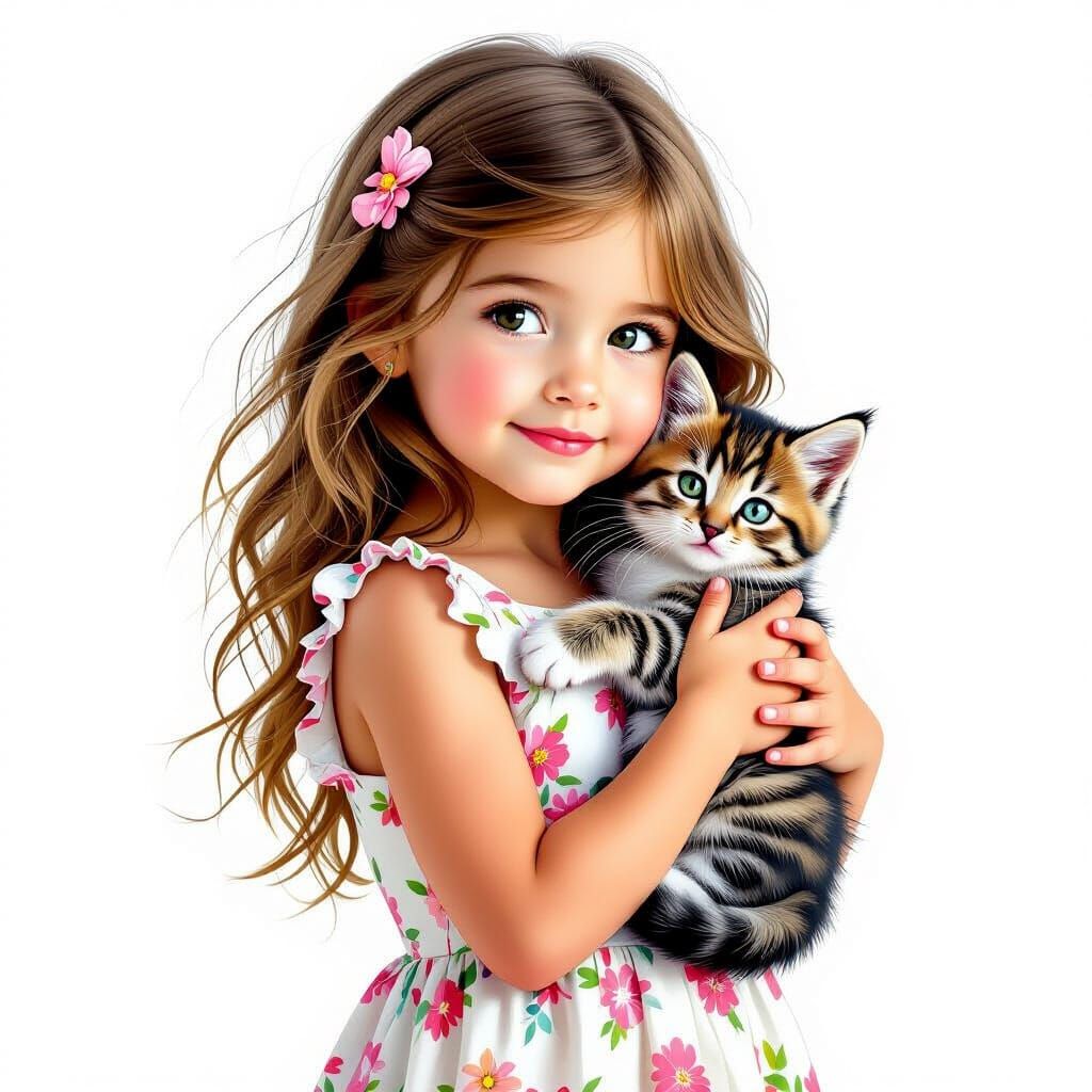 Fantasy Girl with Kitten, Airbrushed Style