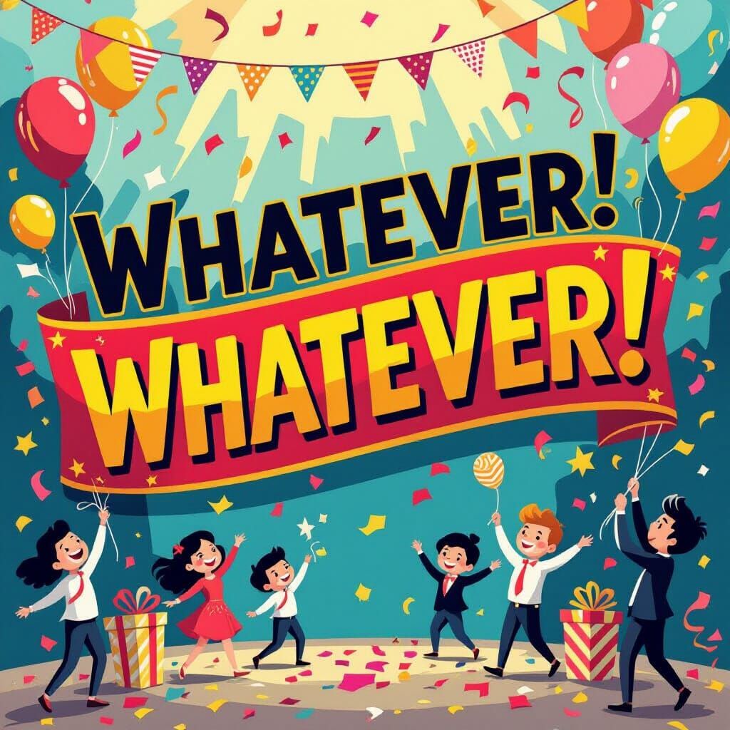 Vibrant Celebration with Confetti, Balloons & "Whatever!" Ba...