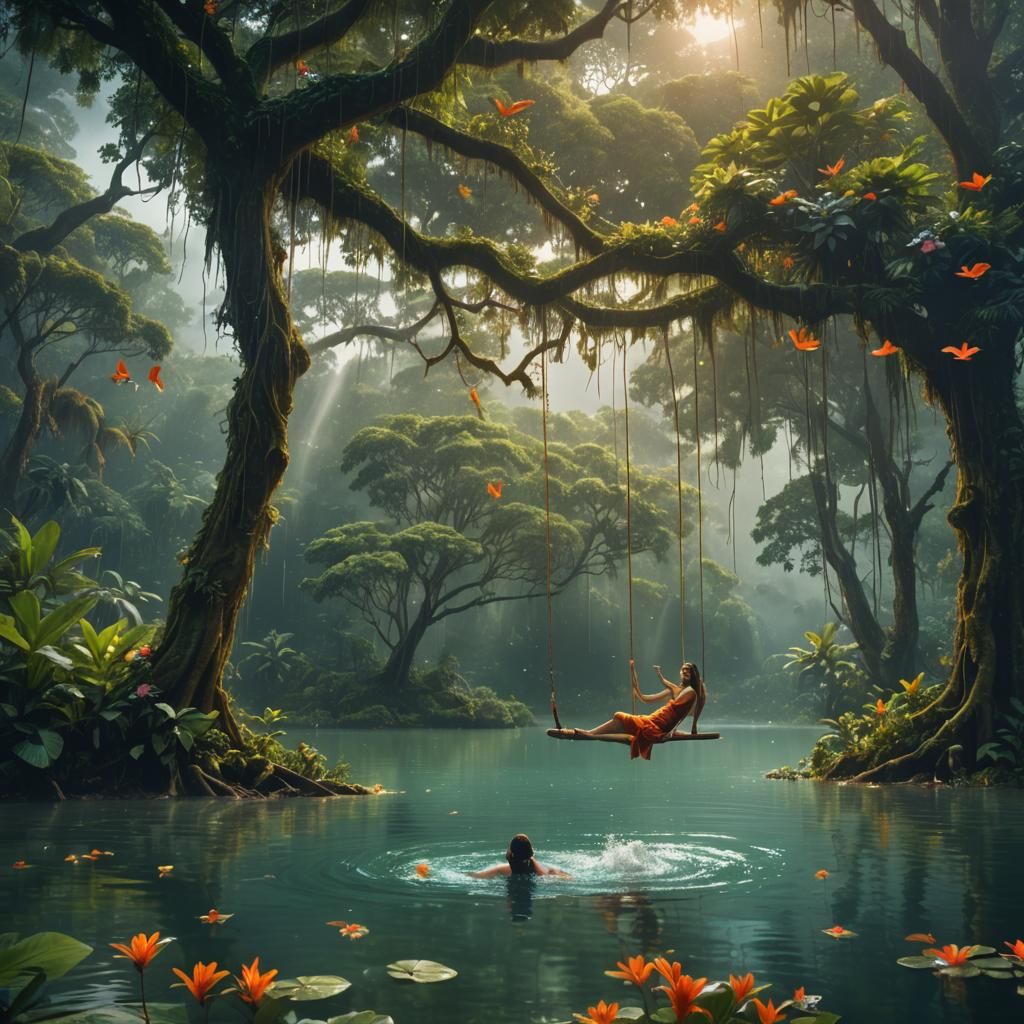 a lake surrounded by tropical rainforest