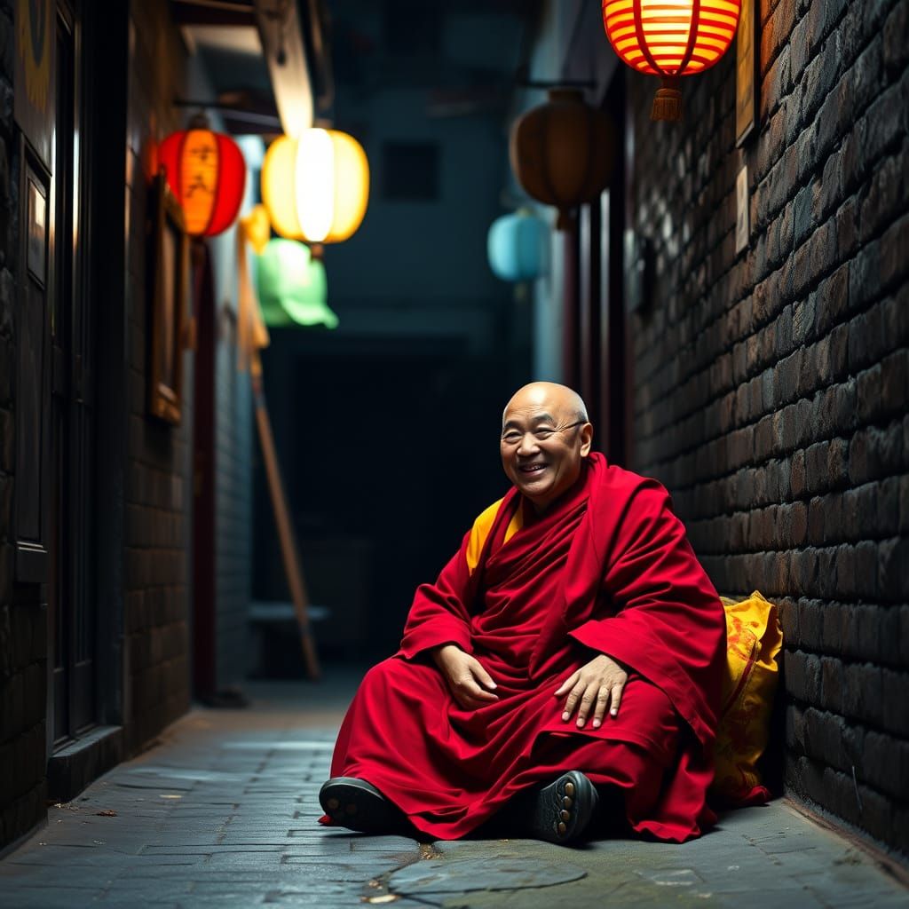 Jovial Tibetan Lama in Dark Alley