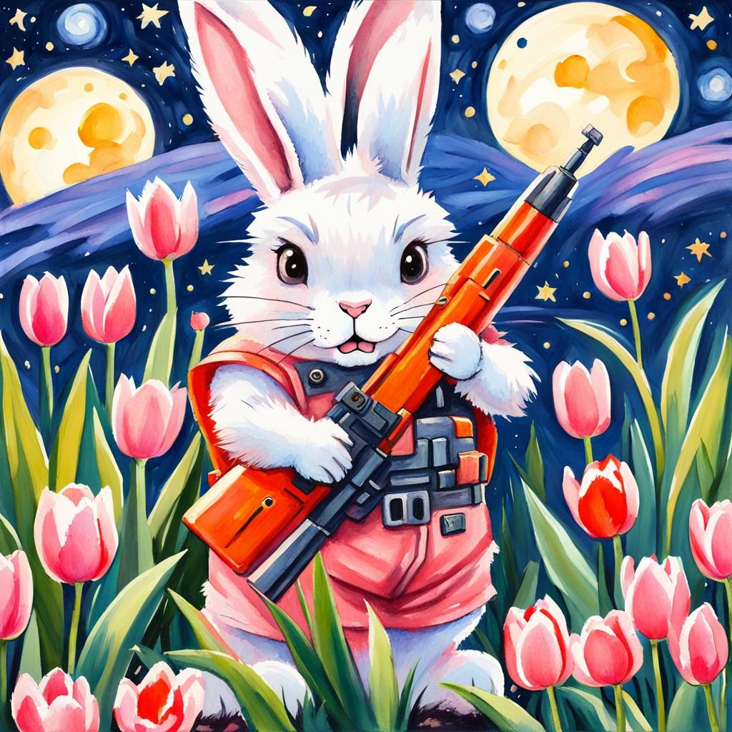 Fluffy Pink Rabbit with Bazooka in Gouache Style