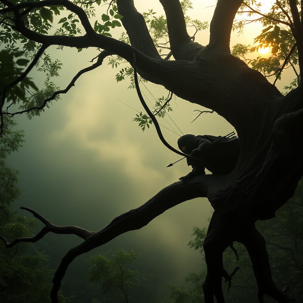 Ninja Warrior Meditates on Tree Branch in Appalachian Mist