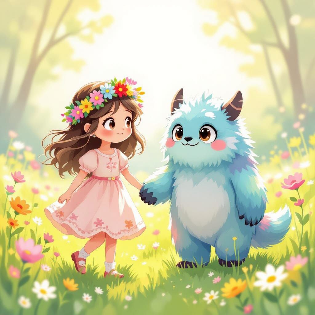 Whimsical Girl and Fur Monster in Spring Meadow
