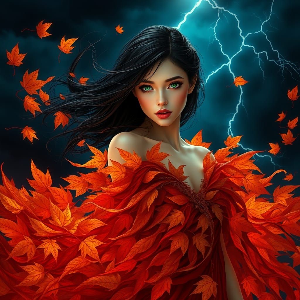 Autumnal Woman in Leaf Gown, Art Nouveau Style