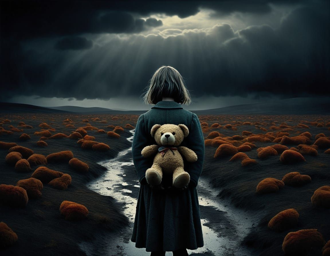 Surrealistic Nightmare Landscape with Frightened Child