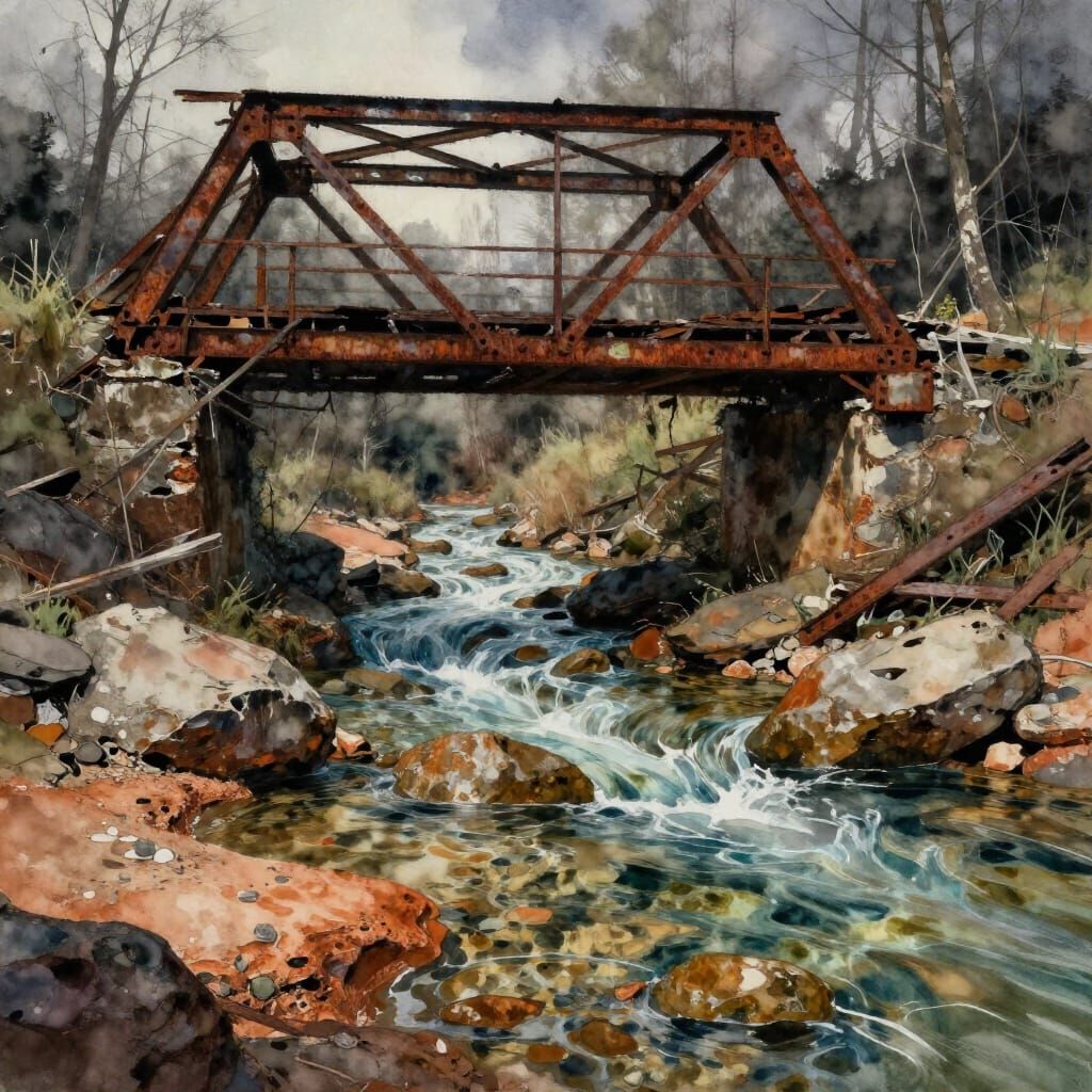 Rusted Iron Bridge Over Translucent Creek in Fantasy Style