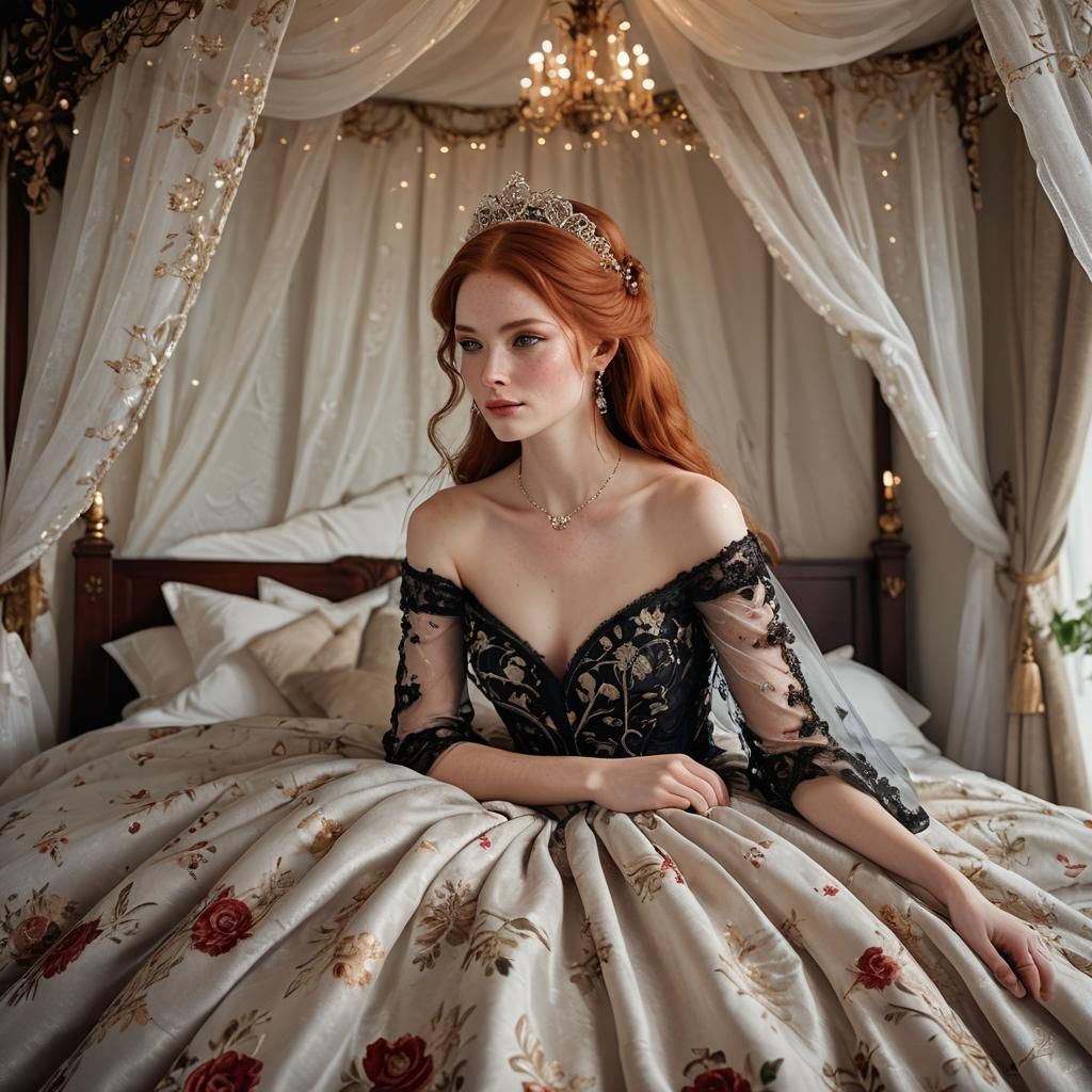 Elegant Woman in Black Gown on Floral Bed