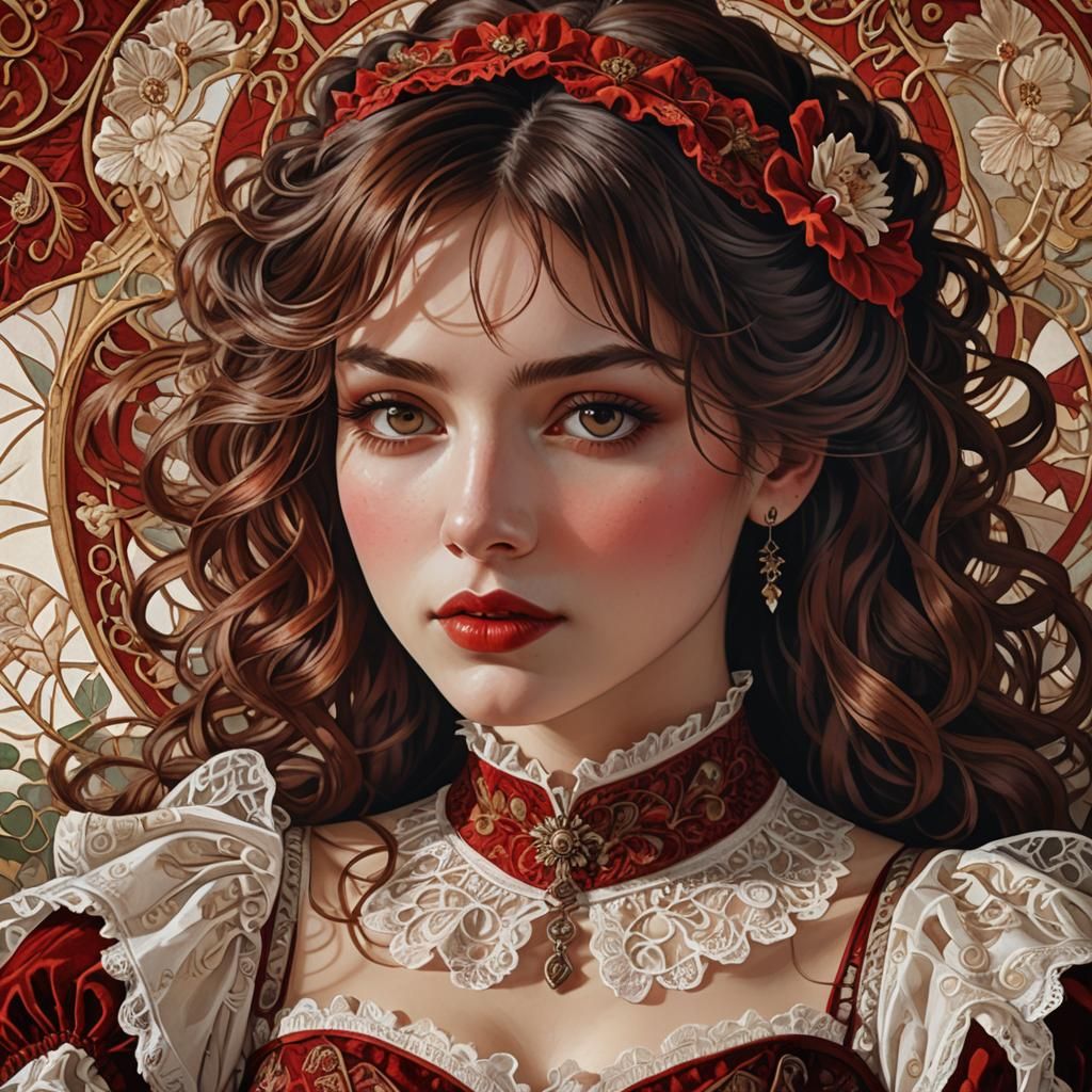 Woman in Red Corset, Alphonse Mucha Style