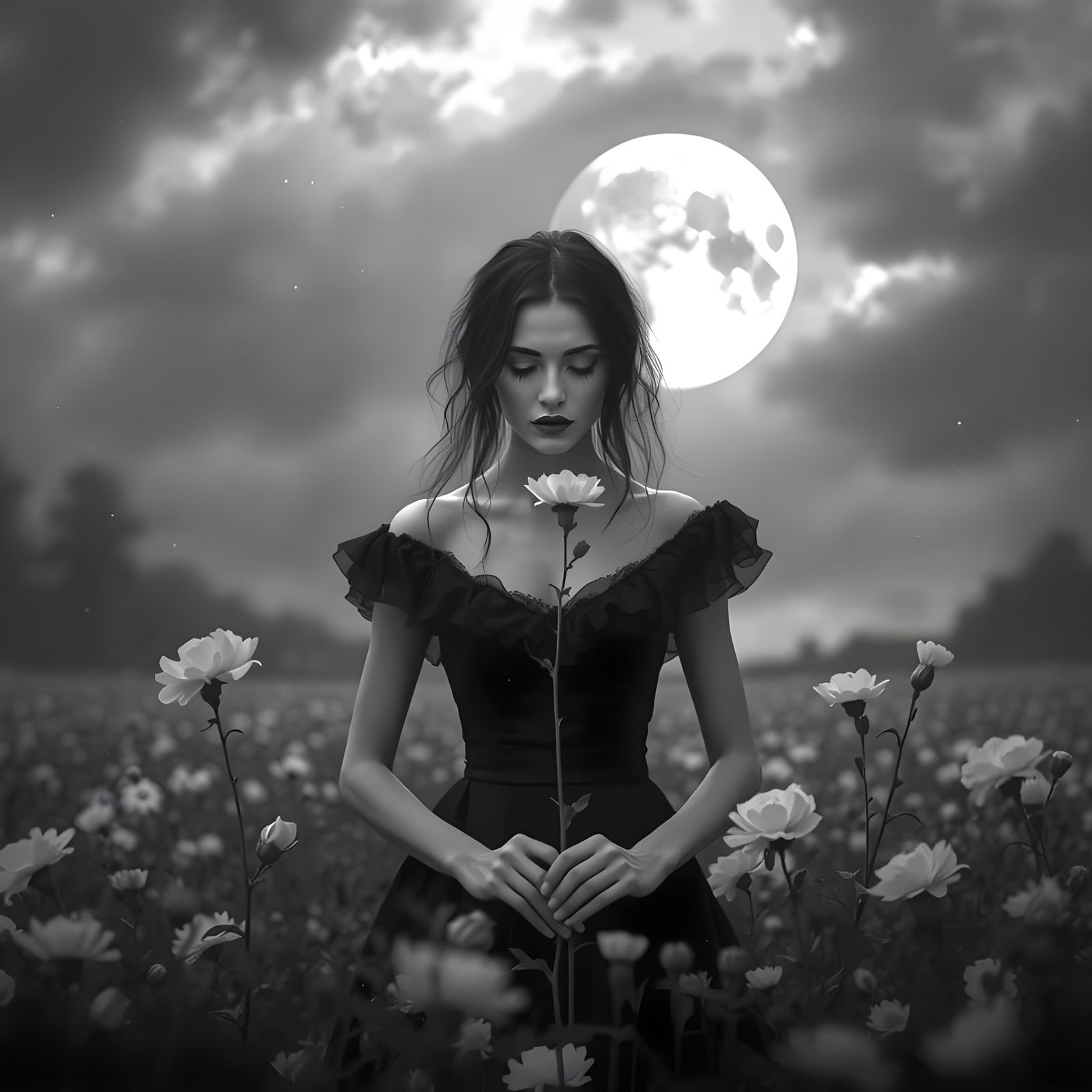 A Grieving Woman in a Dark Floral Field