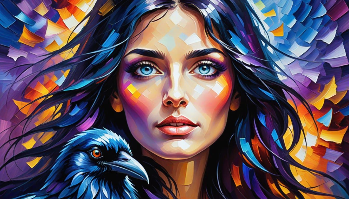 Vibrant Expressionist Portrait of a Raven-Haired Woman in Ar...