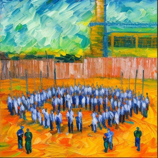Claustrophobic Prison Yard in Expressionist Style