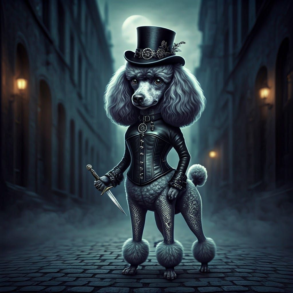 Victorian Goth Poodle Assassin in Cyberpunk Alleyway