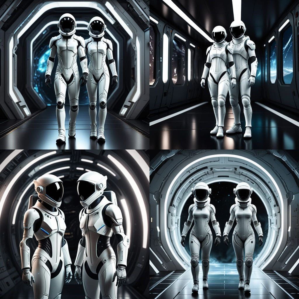 Couple in Futuristic White Spacesuits Under Dim Lighting
