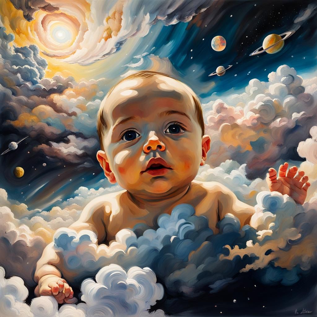 Baby Drifting to Sleep in Space: Impressionist Painting
