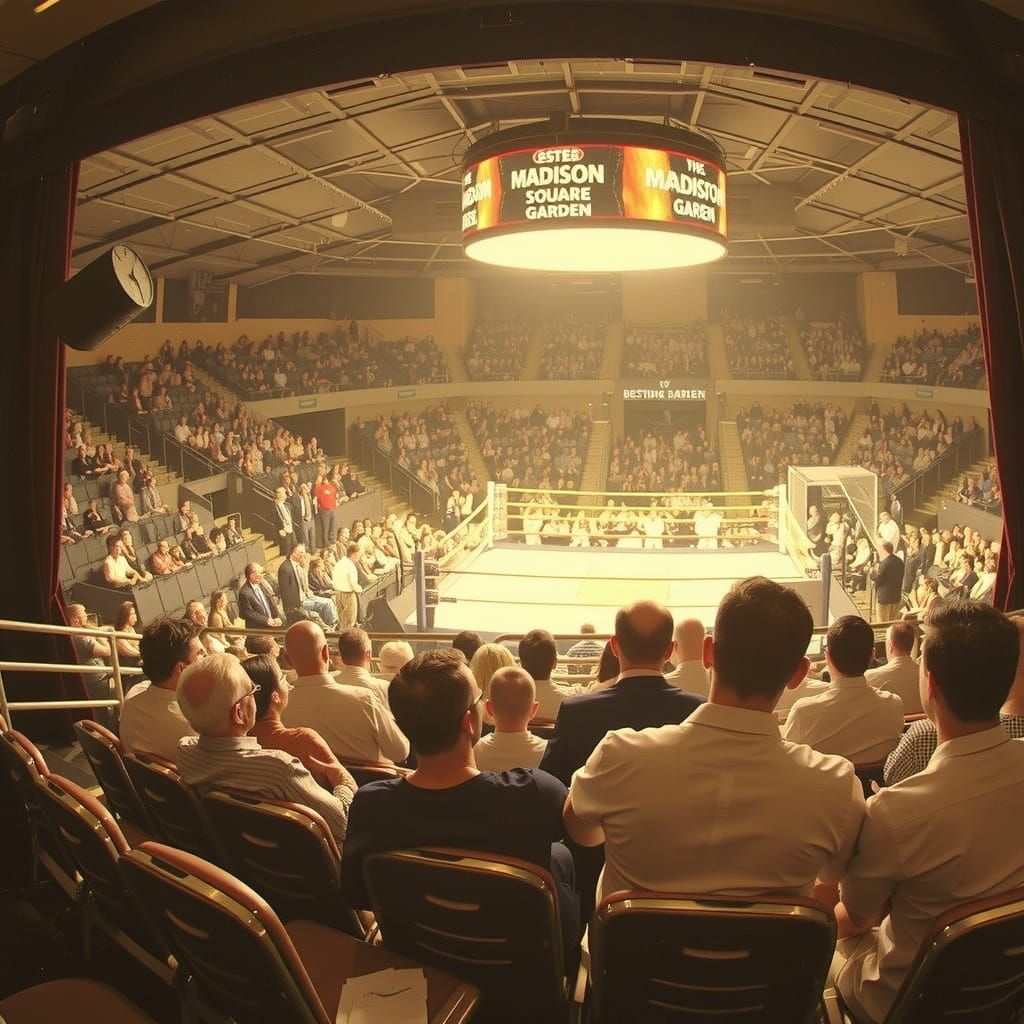 The excitement of Madison Square Garden boxing ring, pristine ring, empty seats, waiting for a match.
