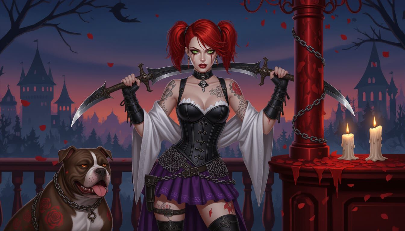 Gothic Vampire Huntress in Dark Fantasy Landscape