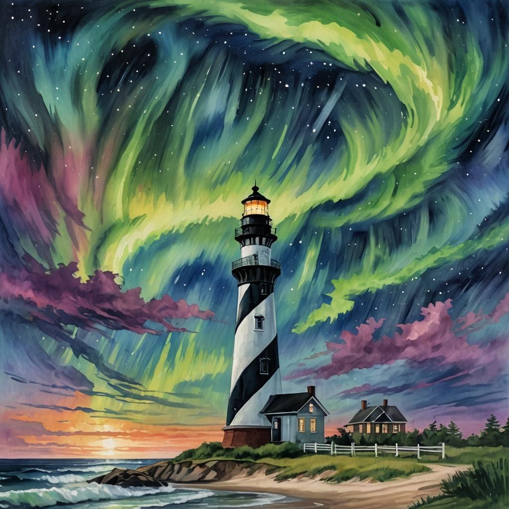 Aurora Borealis Over Cape Hatteras Lighthouse in Gouache