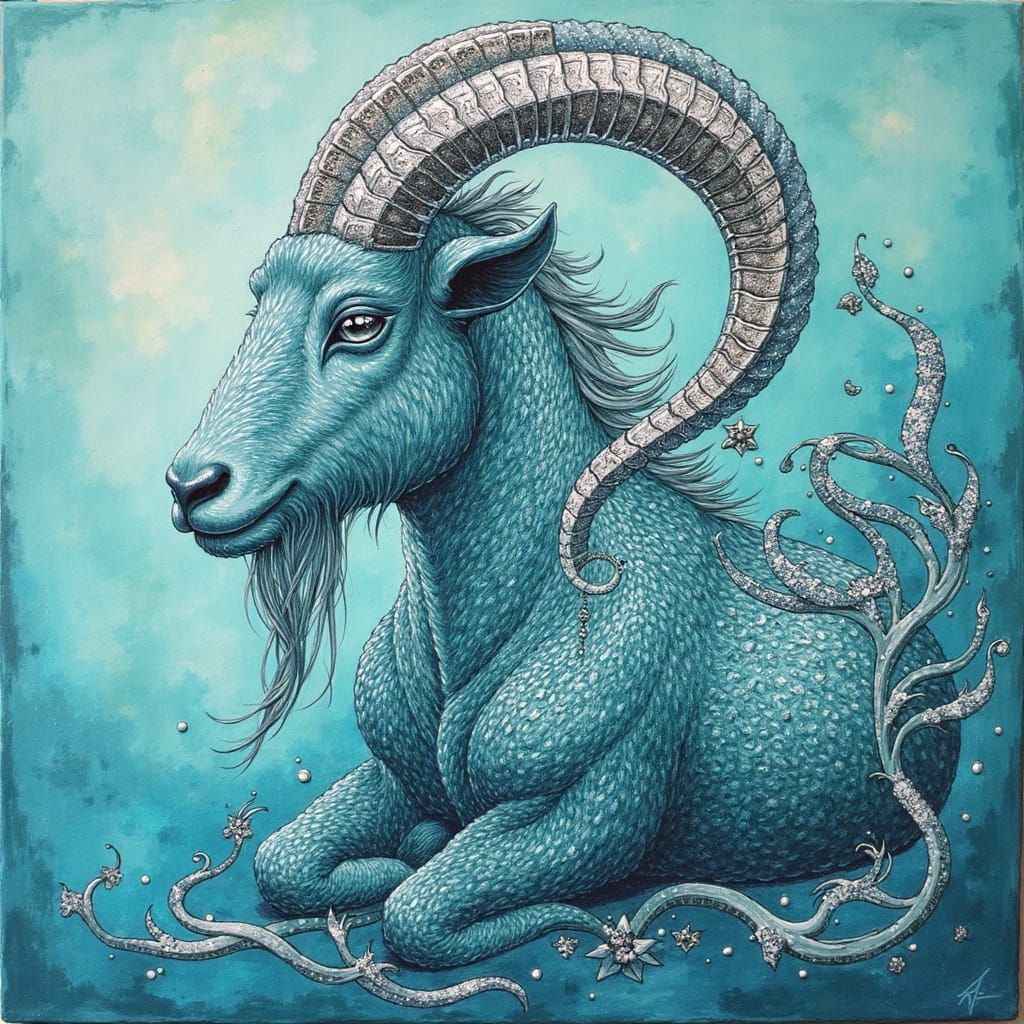 Sea Goat in Vibrant Teal and Silver Oil Paint