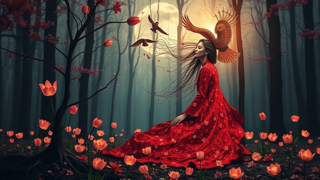 Ethereal Woman Blossoms from Forest in Klimt Style