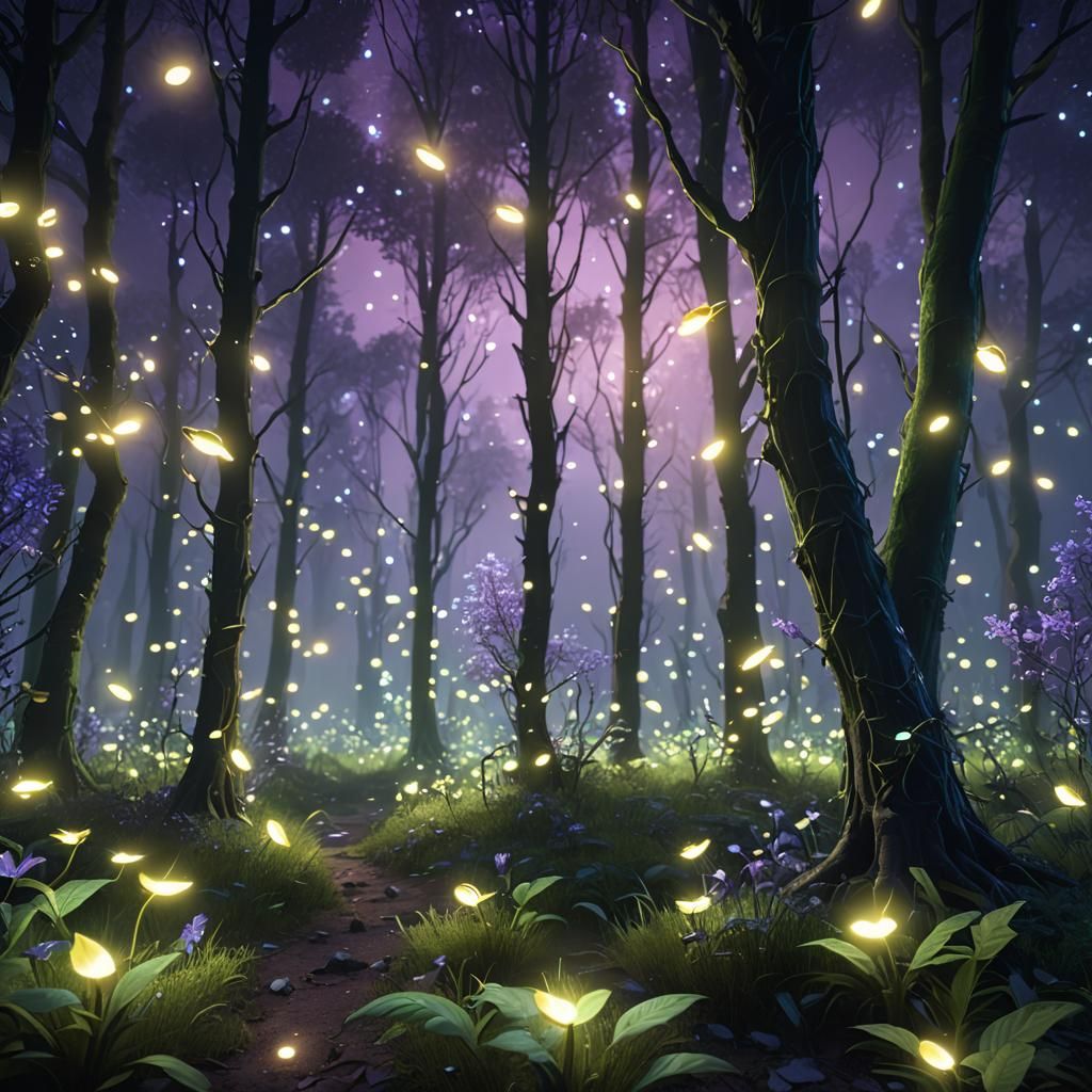 Luminous Fireflies in Purple Fantasy Forest