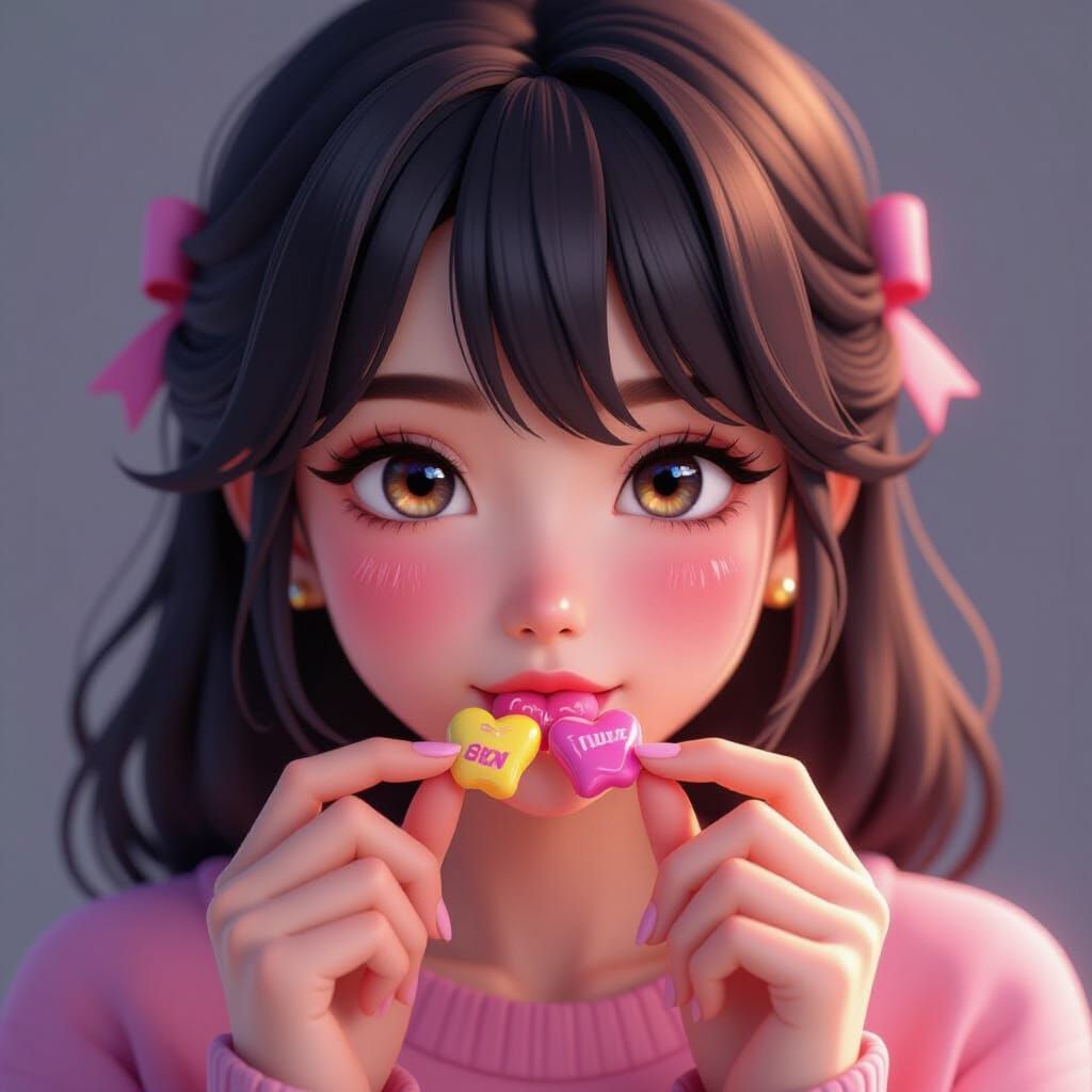 Playful Woman Offers Last Candy Bite in 3D Anime Style
