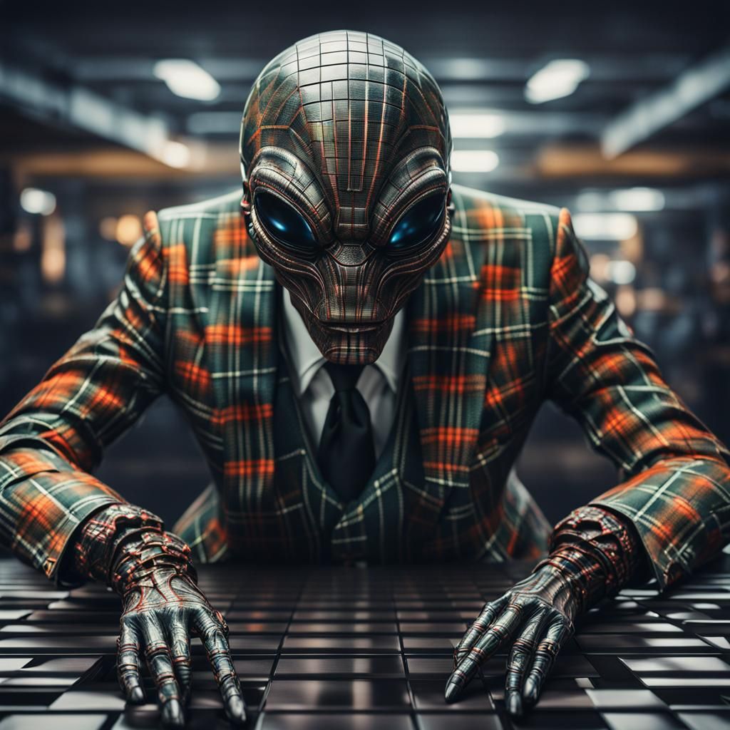 Hyperrealistic Alien Model in Plaid Suit