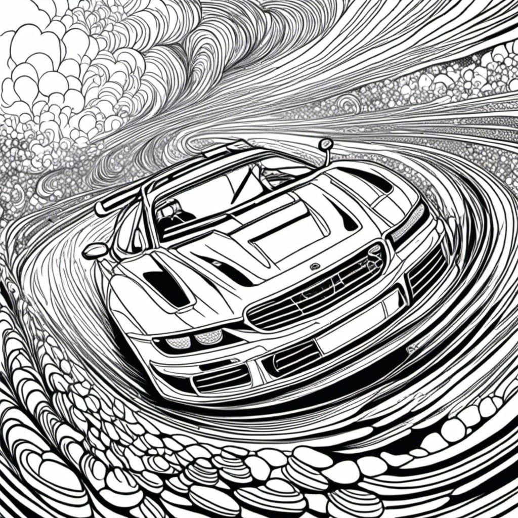 Rally Car Coloring Page with Dust Cloud and Crowd