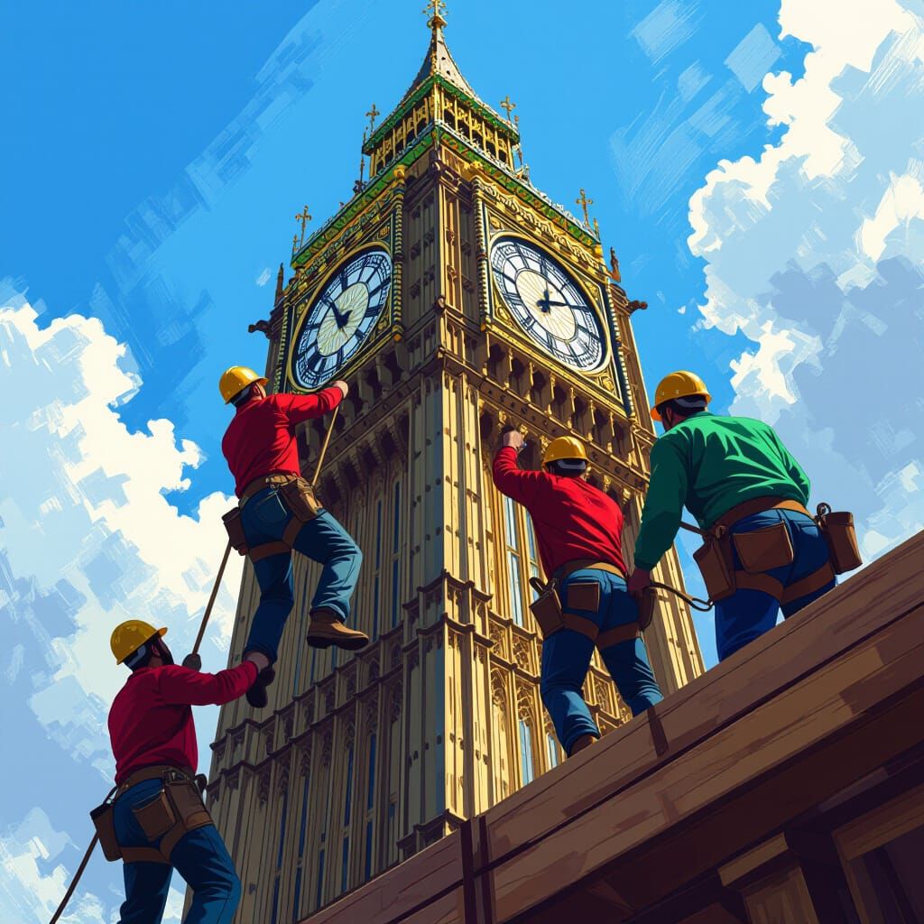 Lumberjacks Climb Big Ben: Hyperrealistic Splash Art