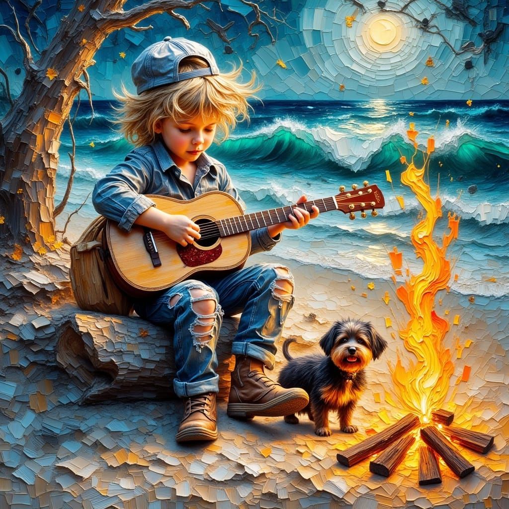 Street Boy Plays Guitar by Campfire, Neo-Impressionist Style