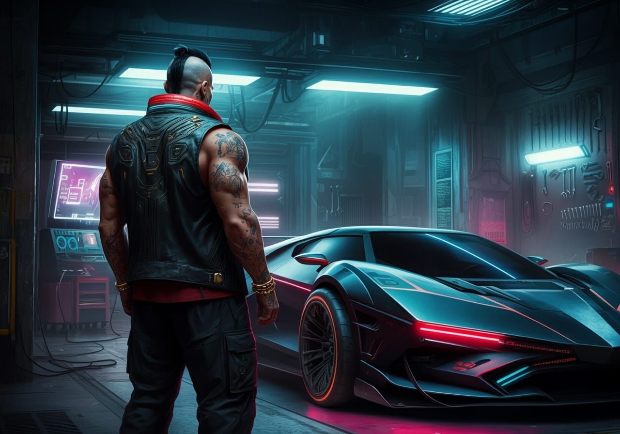 Cyberpunk Warrior Admires Futuristic Sportscar in Dimly Lit ...