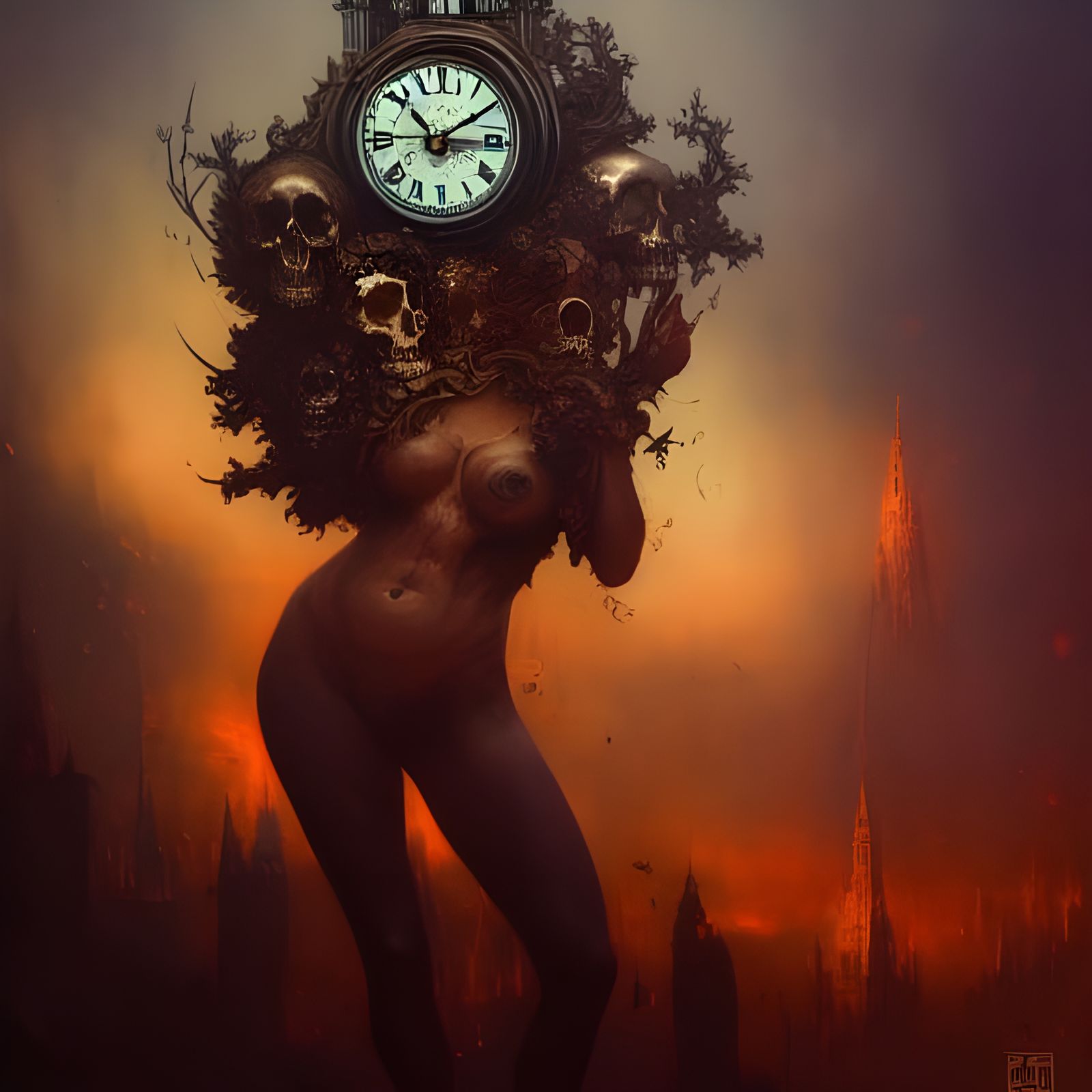 Melting Clock Reveals Skulls: Detailed Digital Art