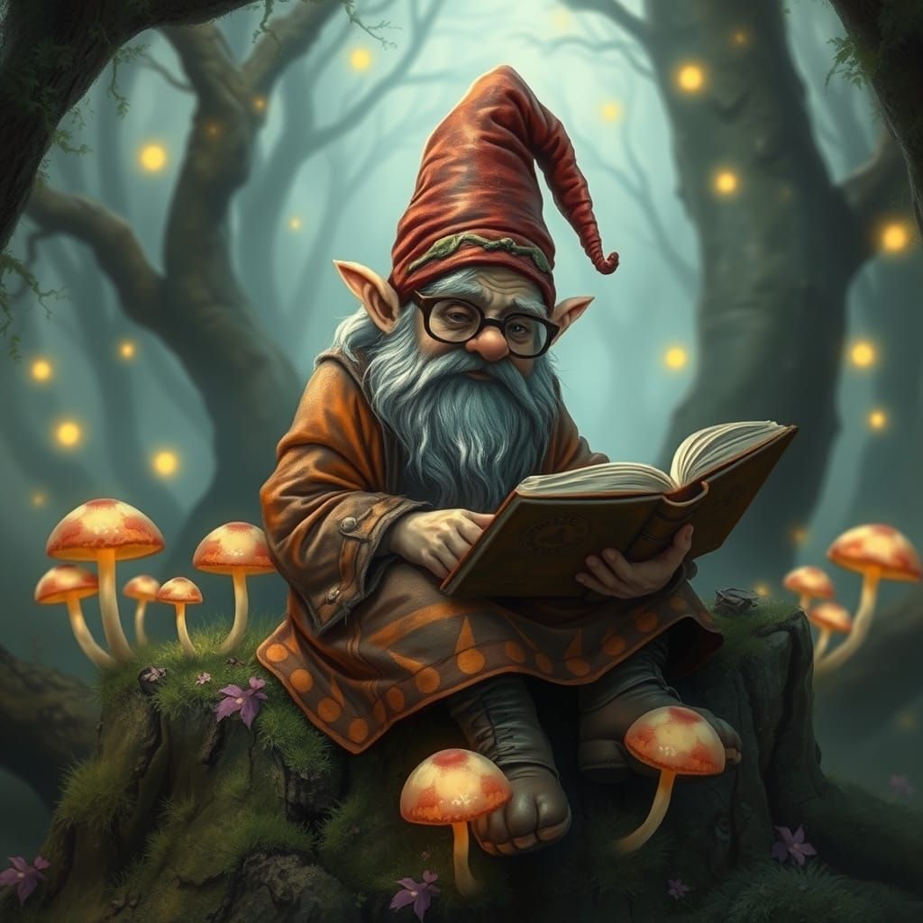 Enchanted Gnome Reading in a Mystical Grove