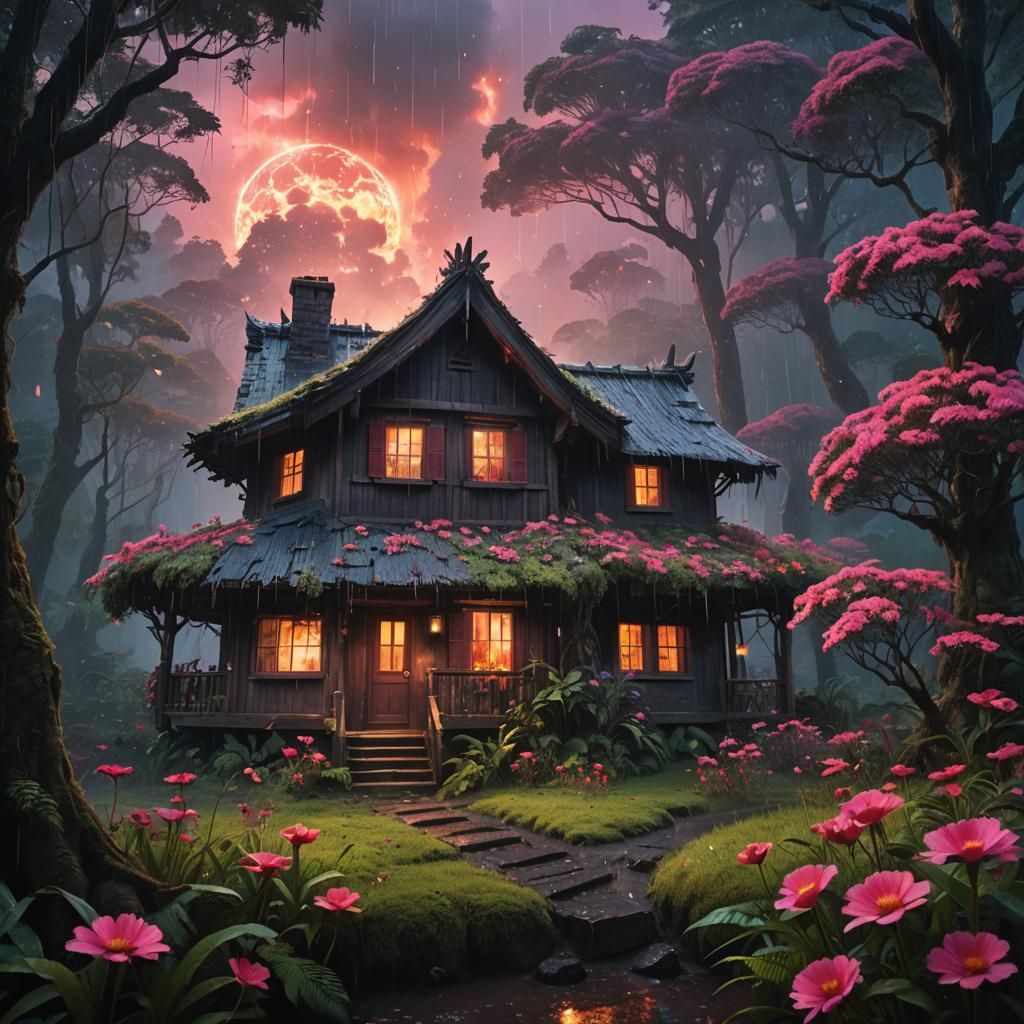 Rainforest House Surrounded by Fire: Matte Painting