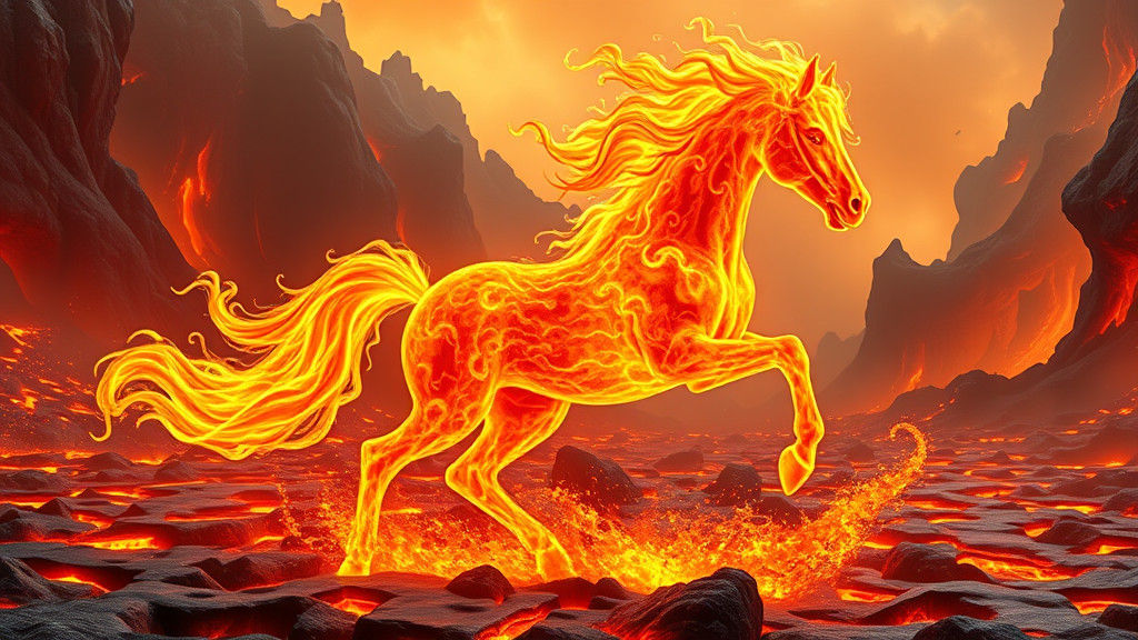 Fiery Lava Horse Galloping Through Volcanic Landscape