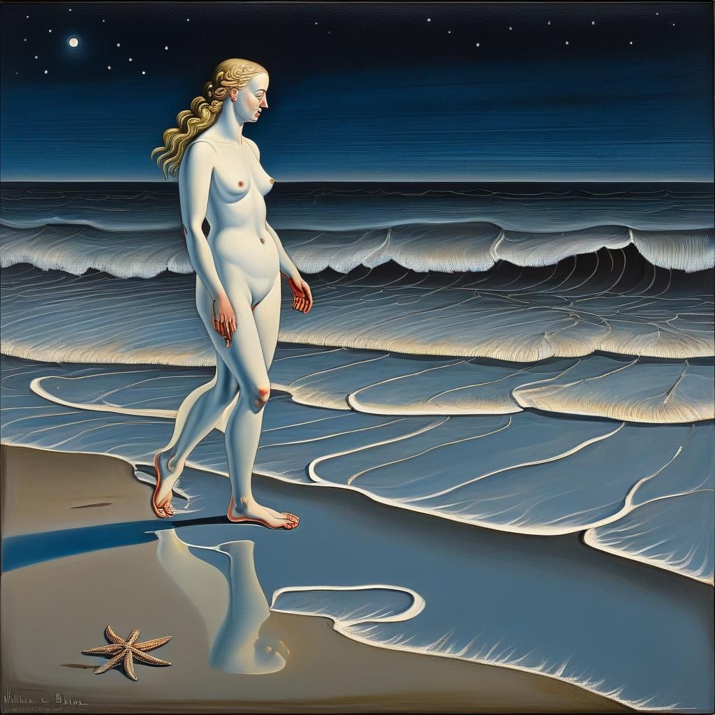Woman on Moonlit Beach in Blake Style