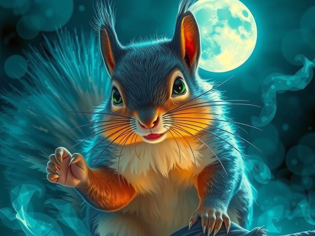 Ethereal Squirrel Radiates Soft Luminescence Under Teal Moon...