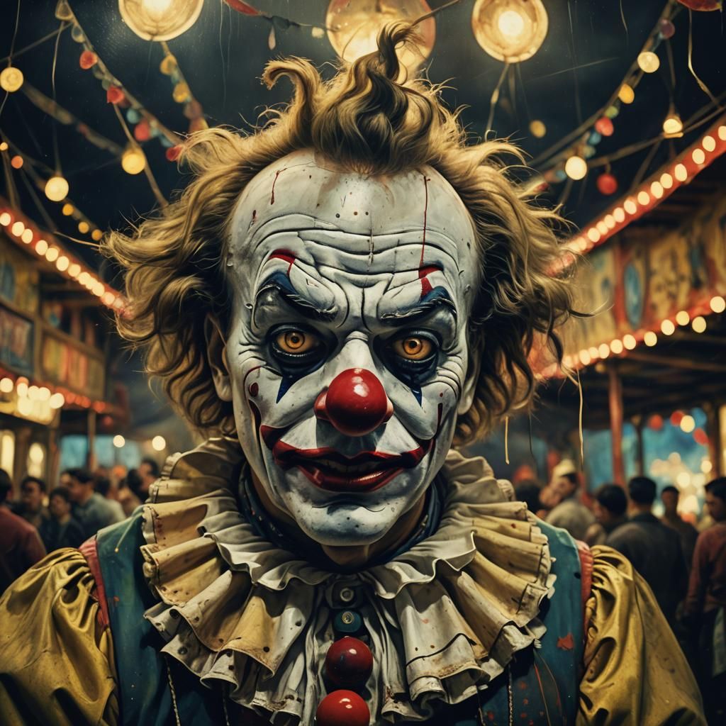 Creepy Clown in Abandoned Carnival: Surreal Oil Painting