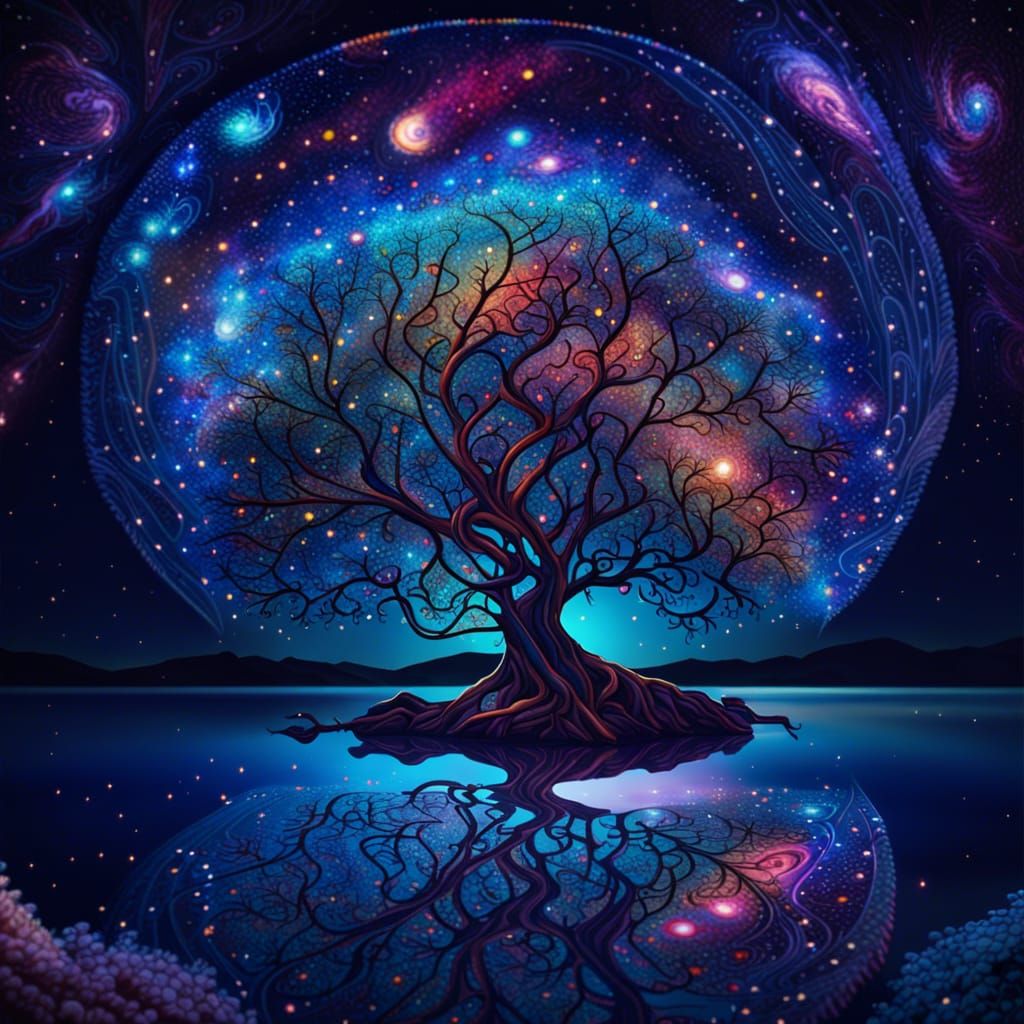 Galaxy Tree Island Under Starry Night