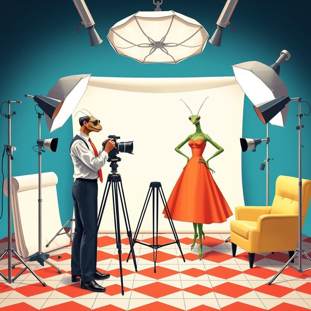 Mantis Photographer in Mid-Century Modern Illustration Style