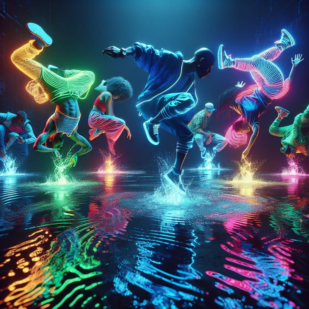Dynamic Breakdancers in Neon-Lit Rain
