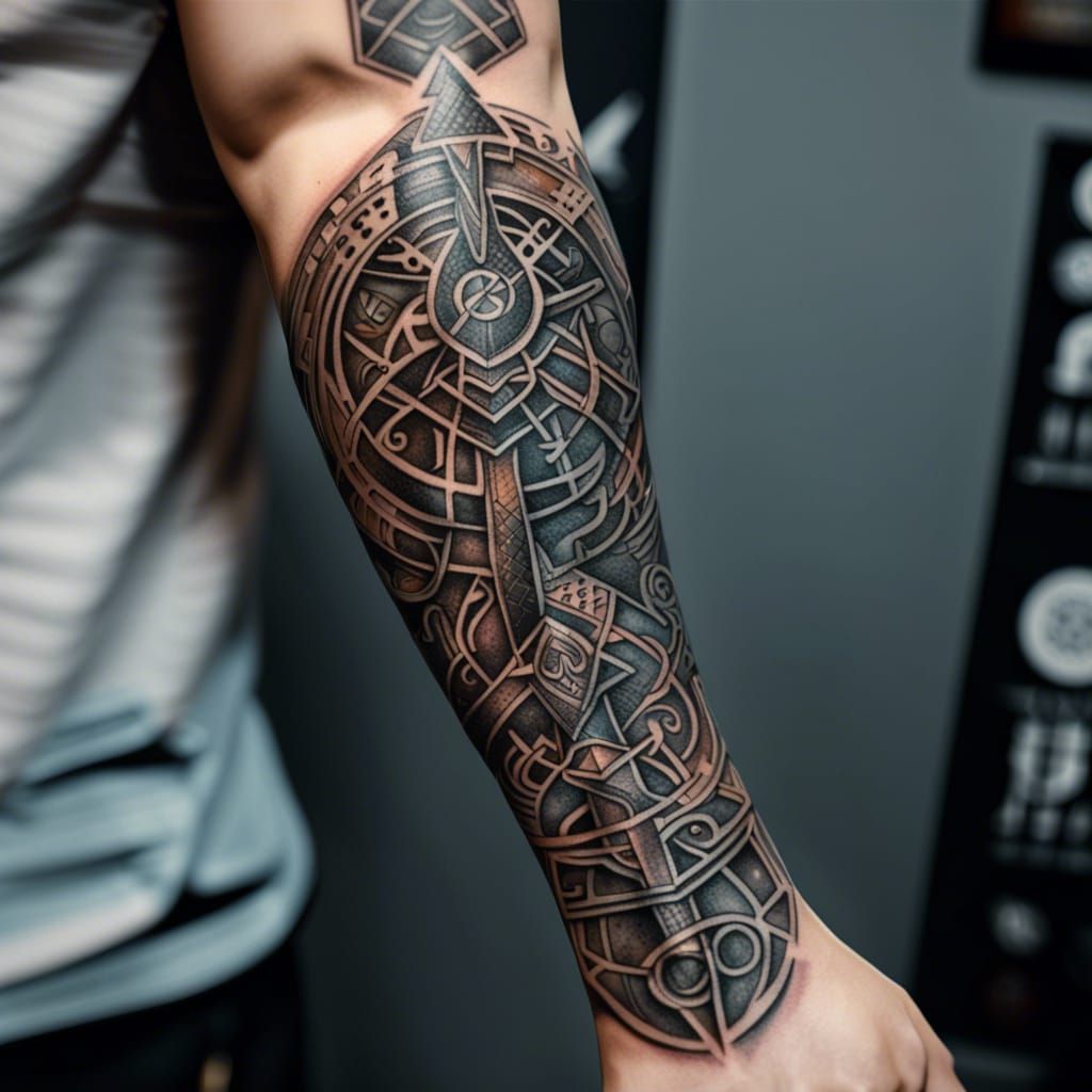 Detailed Viking Tattoo Sleeve with Alien Glyphs