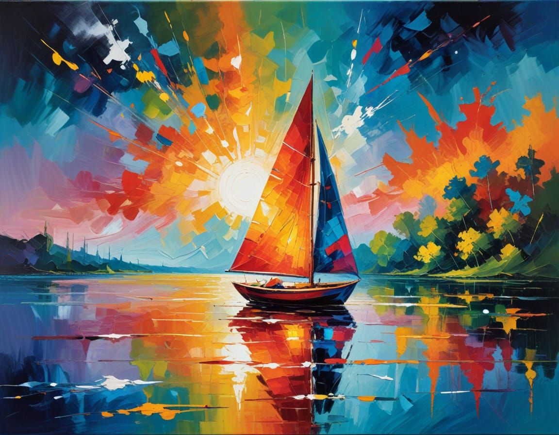 Sailing Boat on Summer Lake: Abstract Expressionism