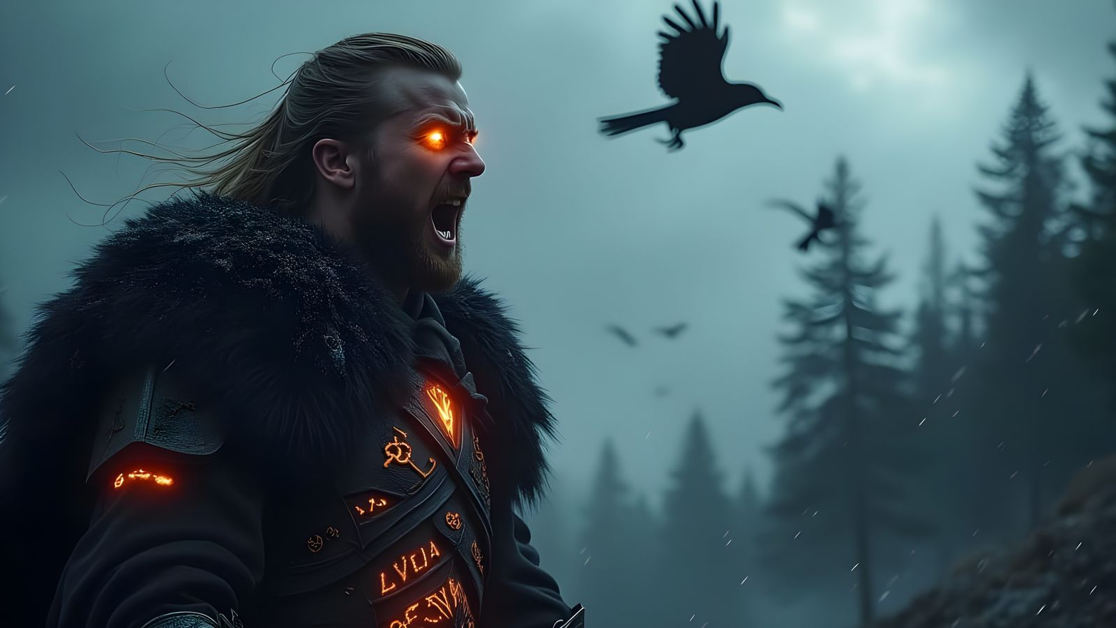 Nordic Warrior in Stormy Battle Cry, Ancient Runes and Crows