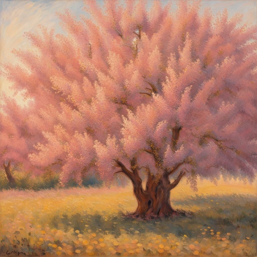 Pink Mimosa Tree in Sun-Drenched Field: Neo-Impressionism