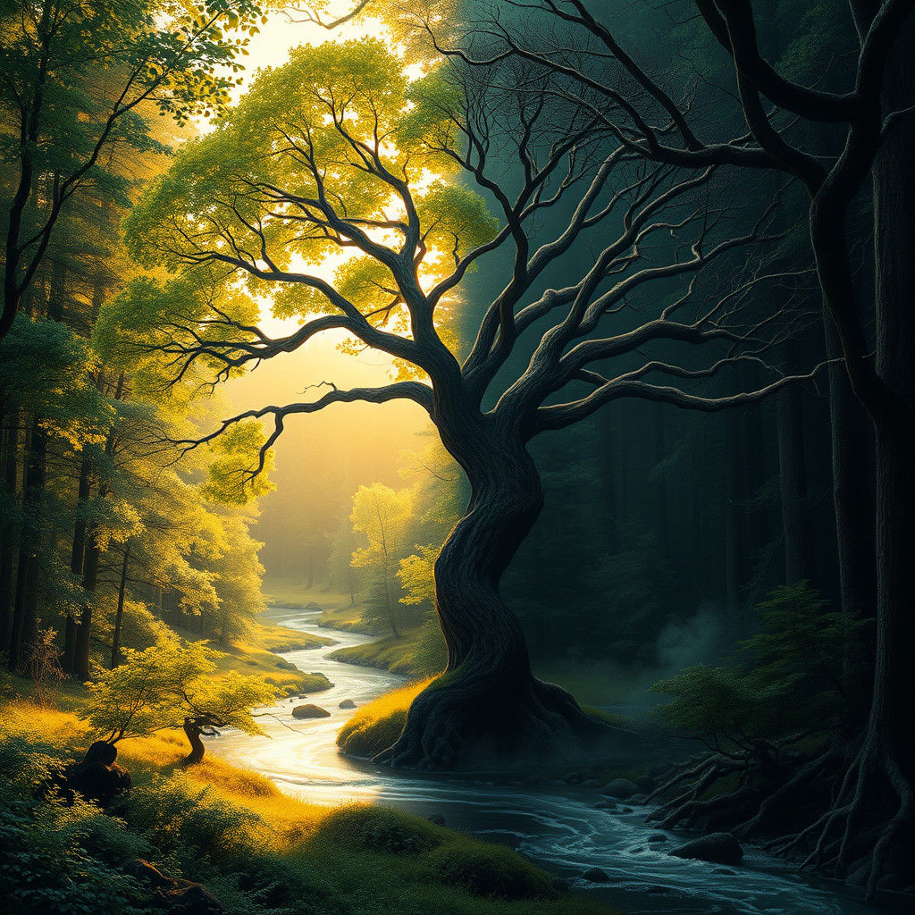 Forest Divided: Sunlight and Shadow in Art Nouveau Style