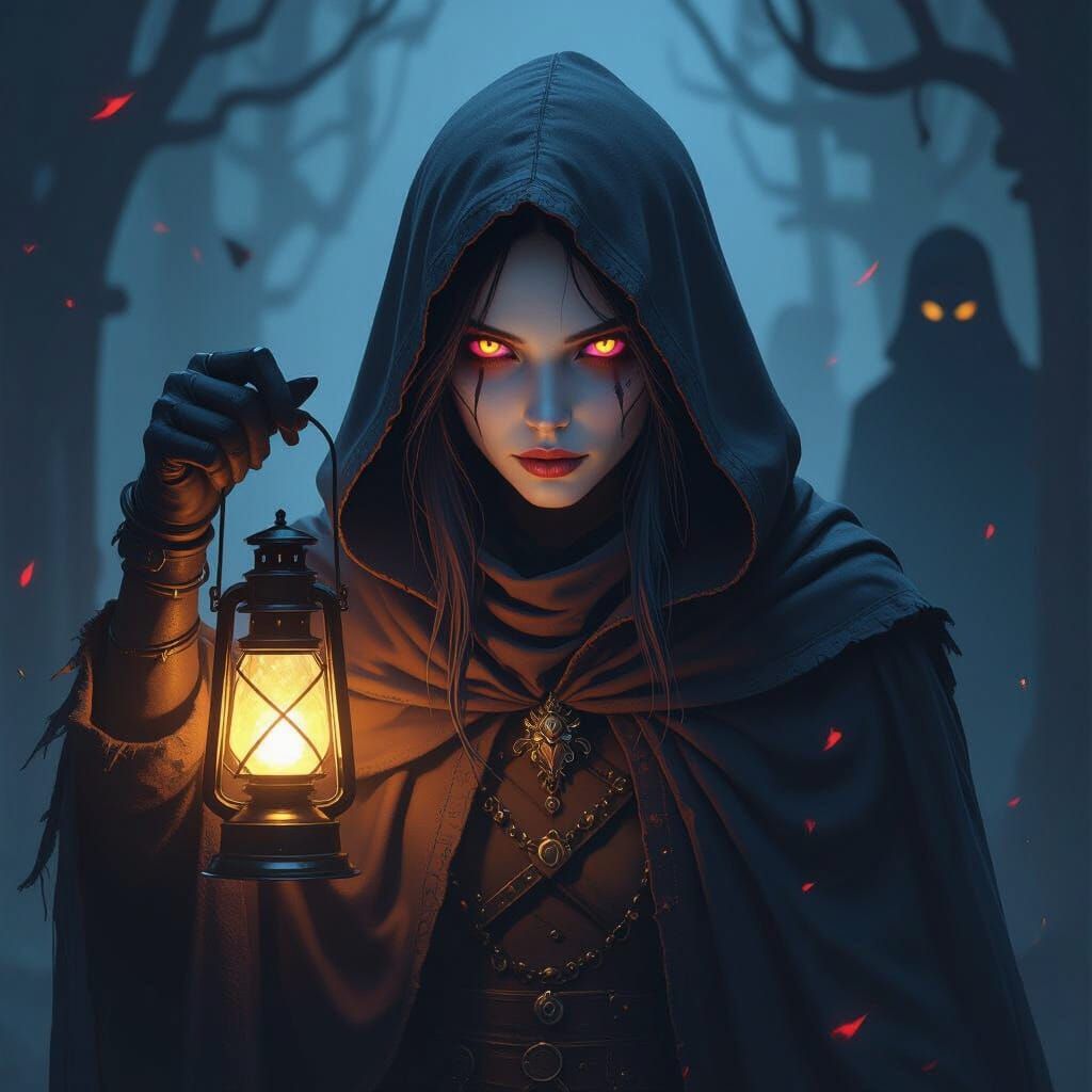 Hooded Figure with Glowing Eyes in Shadowy Realm