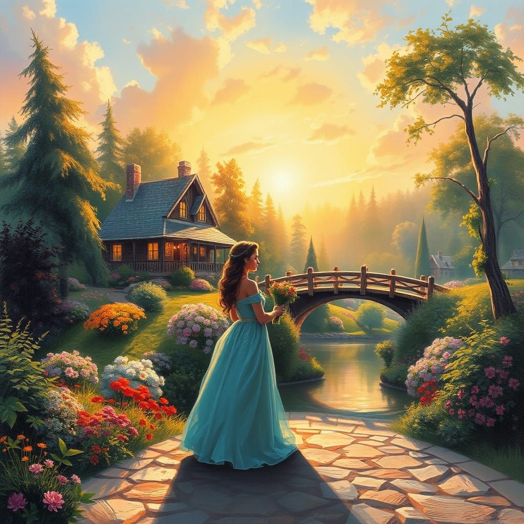 Romantic Landscape Painting with Cottages and Gardens