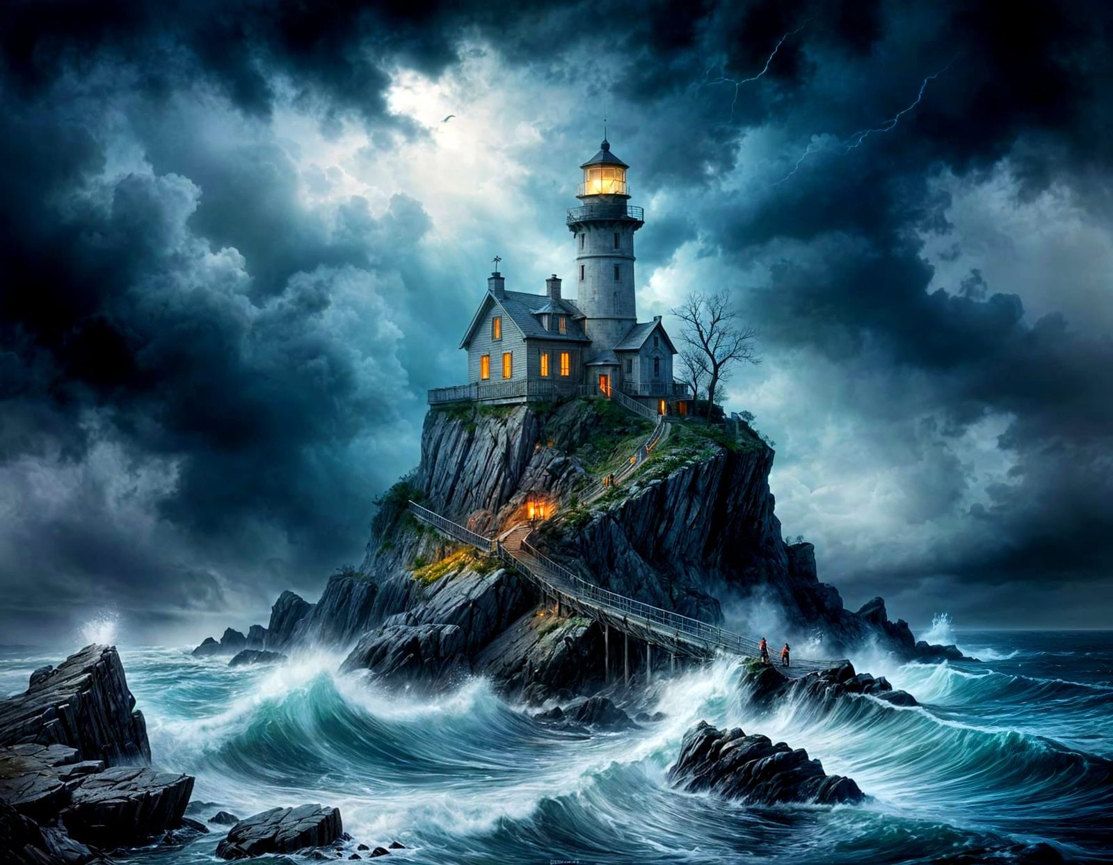 Gothic Lighthouse in Stormy Seas, Flickering Beacon