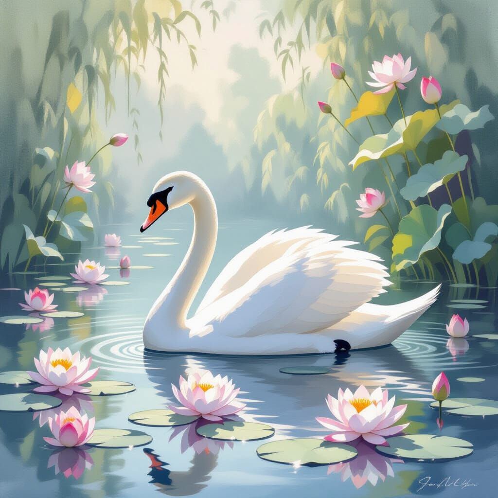 Graceful Swan and Lotus Flowers in Monet Style