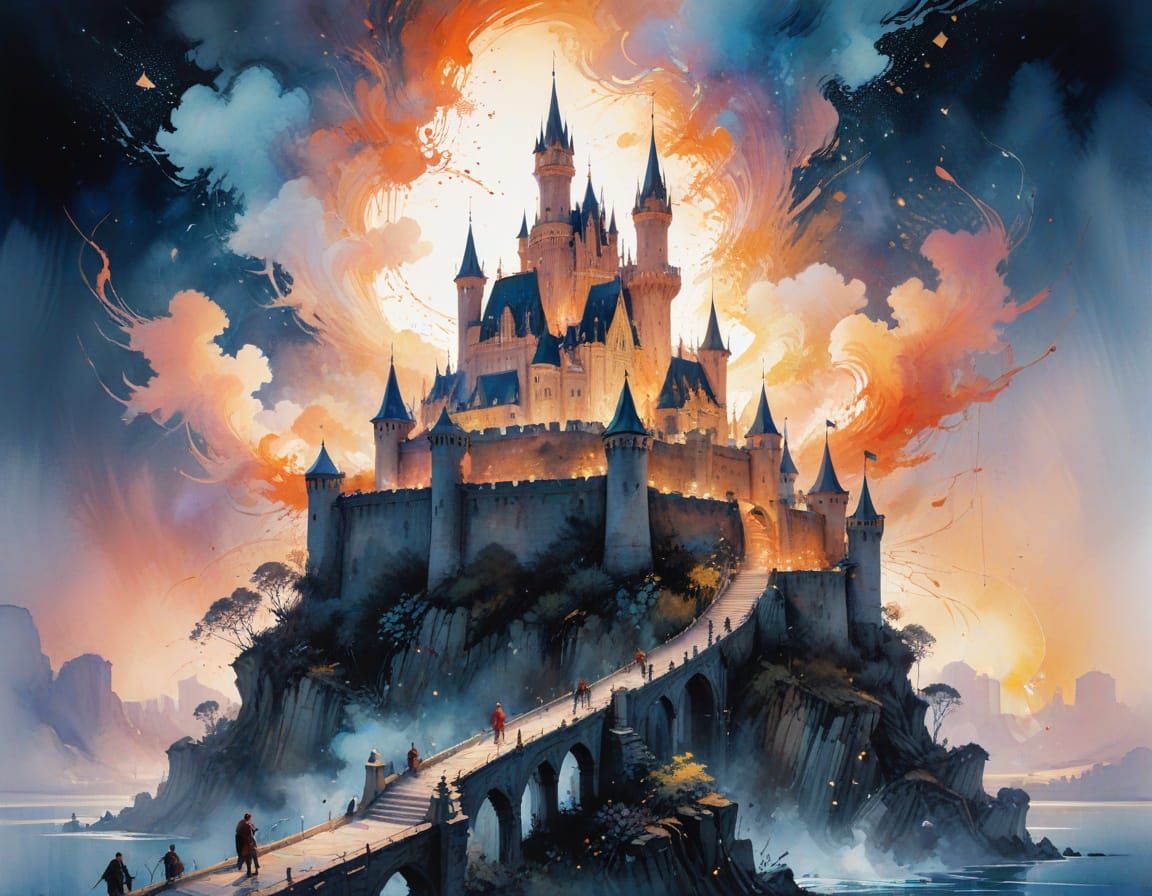 Majestic Floating Citadel in Opalescent Clouds